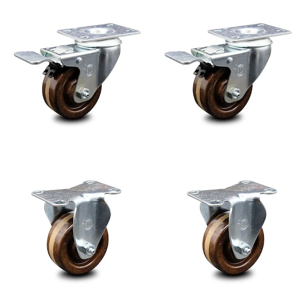 3 Inch High Temp Phenolic Swivel Top Plate Caster Lock Brakes 2 Rigid SCC, 2PK